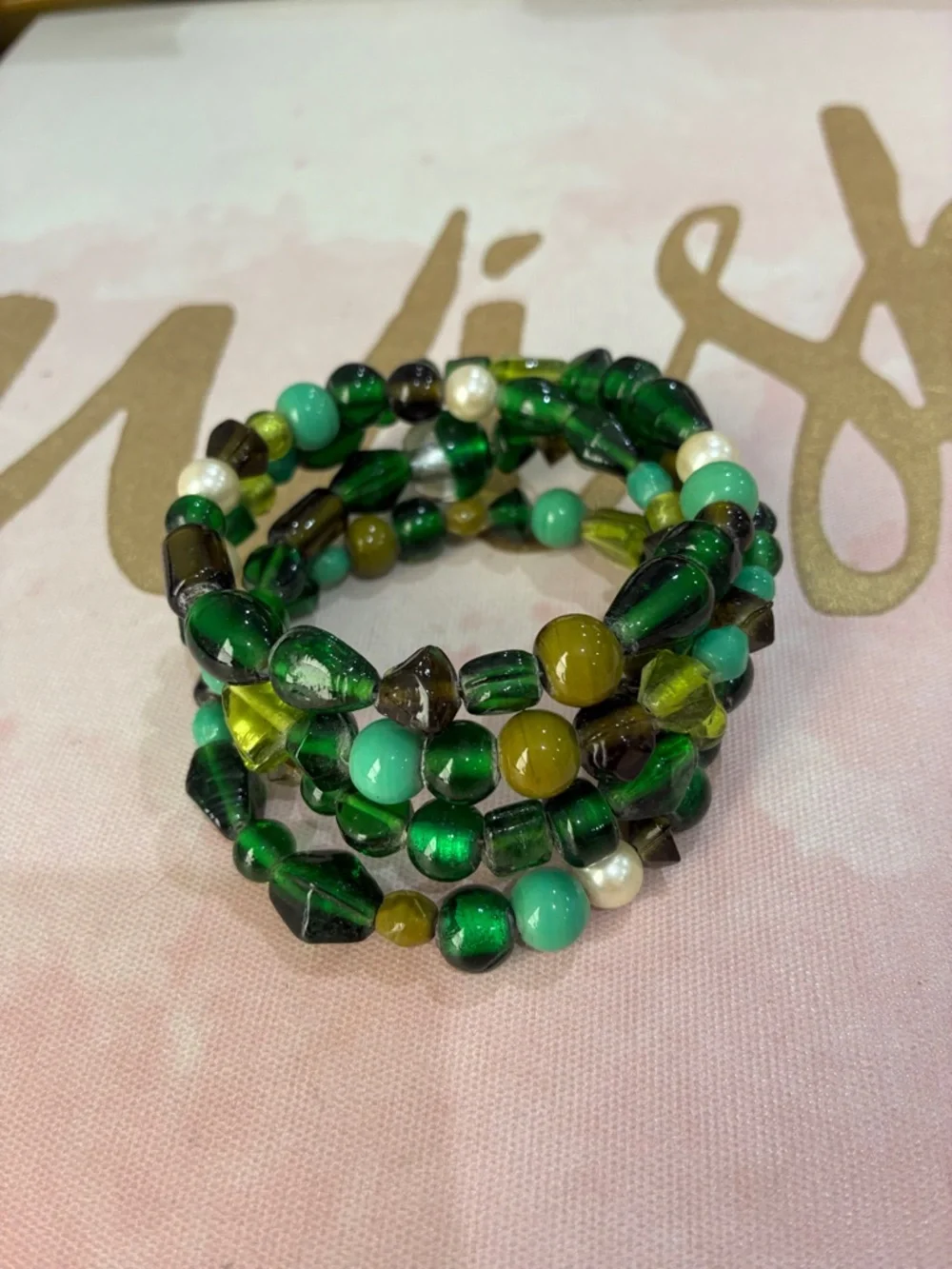 Multi-Strand Green Italian Glass Beaded Coil Bracelet